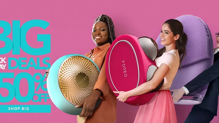 FOREO 2024 Black Friday Skincare Devices Big Deals women holding overblown products on pink background